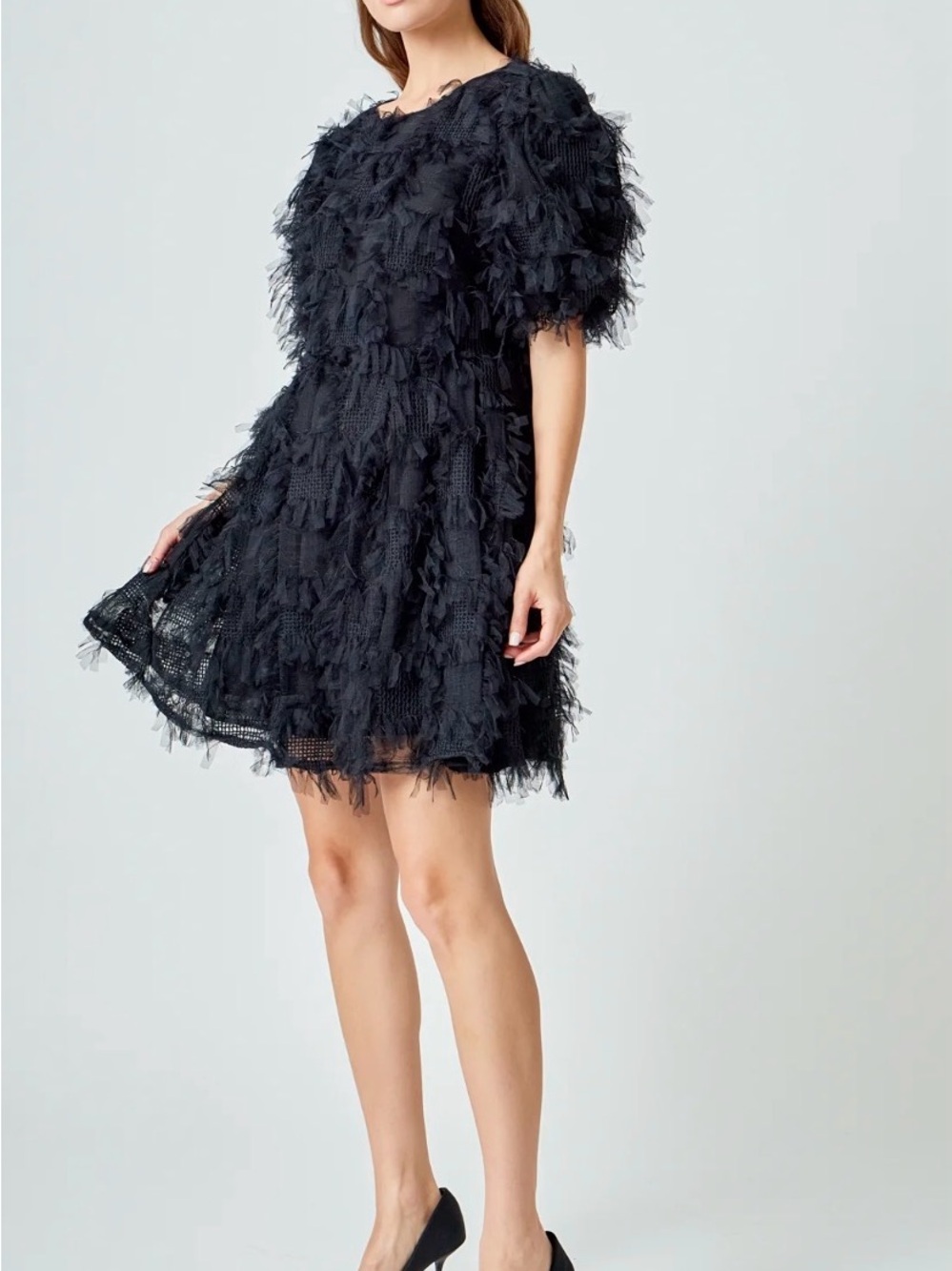 Endless Rose Black Textured Fringe A-Line Mini Dress